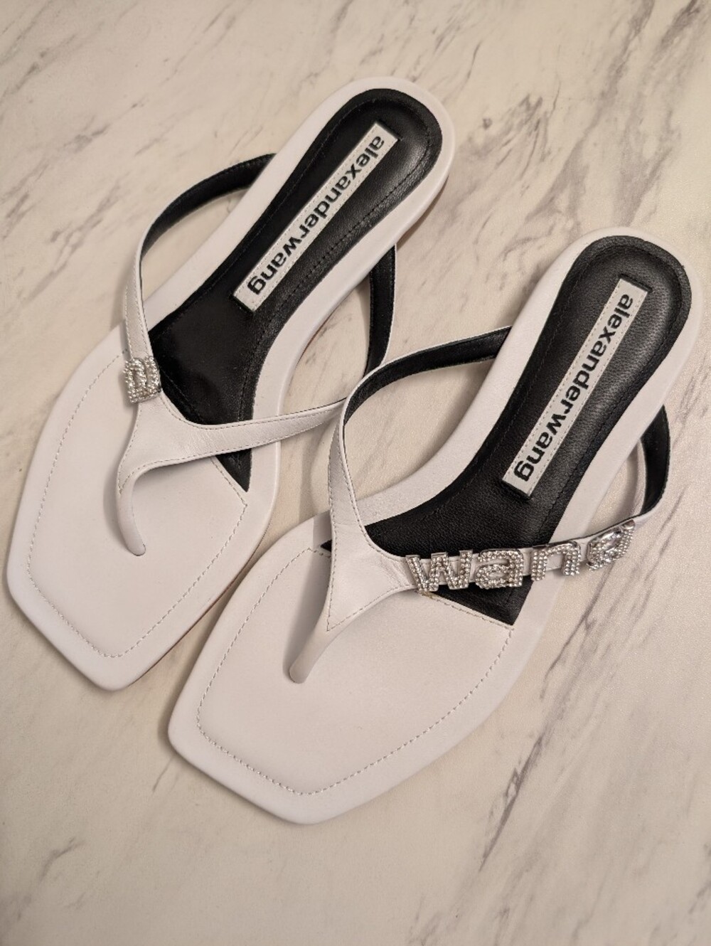Alexander Wang White Crystal-Logo Thong Sandals